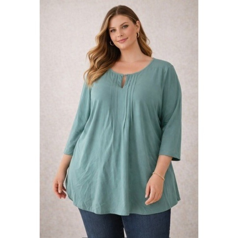 Avenue Womens Plus Size 22/24 Teal Green Pintuck Pleated 3/4 Sleeve Tunic Blouse